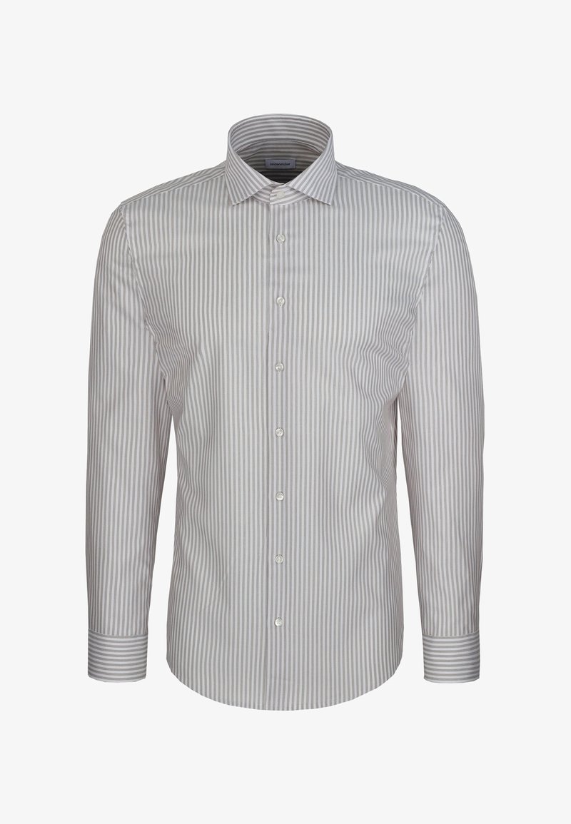 Chemise homme à manches longues boutonnée avec rayures verticales gris clair et blanc et col pointu classique, vue de face.