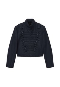 Granatowa krótka kurtka wykonana z teksturowanej tkaniny, z wysokim kołnierzem, dekoracyjnymi guzikami i unikalnym systemem sznurowania z przodu.