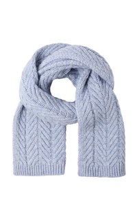 Écharpe tricotée bleu clair avec un motif en chevrons et des bords côtelés. Texture douce avec une épaisseur moyenne, idéale pour se tenir chaud.