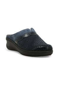 Scarpa slip-on blu scuro con superficie testurizzata simile a quella di un rettile, tomaia in suede e un elegante accento nero. Soletta imbottita per il massimo comfort.