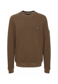 Felpa marrone con texture, maniche lunghe, collo rotondo e tasca laterale con zip. Presenta un piccolo logo circolare sul petto.