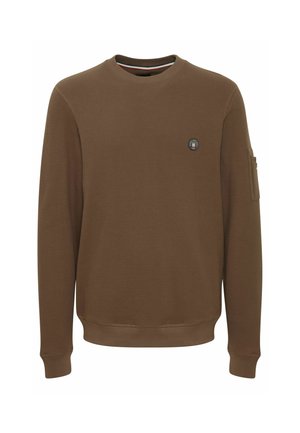 Brauner Sweatshirt mit Textur, langen Ärmeln, Rundhalsausschnitt und einer seitlichen Reißverschlusstasche. Besitzt ein kleines, rundes Logo auf der Brust.