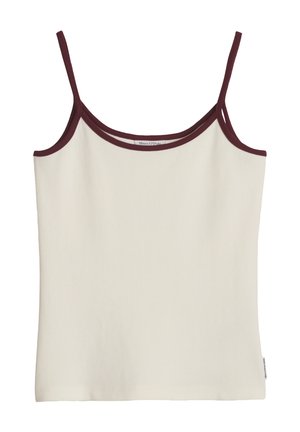 Witte mouwloze tanktop met dunne kastanjebruine bandjes en kastanjebruine rand langs de halslijn, platliggend op een witte achtergrond.