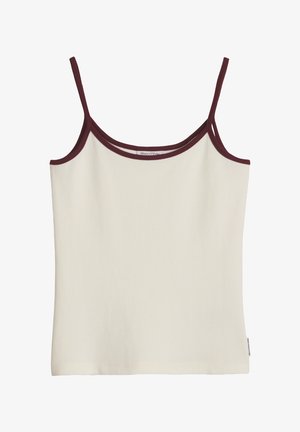 Witte mouwloze tanktop met dunne kastanjebruine bandjes en kastanjebruine rand langs de halslijn, platliggend op een witte achtergrond.