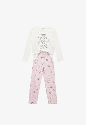 Hvid langærmet top med grafisk print. Lyserøde pyjamasbukser med kanin- og sløjfemønster, elastisk talje og blød tekstur.