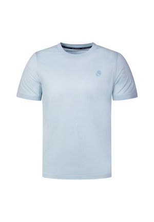 Hellblaues T-Shirt mit kurzen Ärmeln, Rundhalsausschnitt, kleinem Logo auf der linken Brust und glattem Stoff.