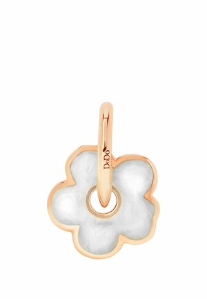 Roségold blumenförmiger Anhänger mit weißem Emailzentrum und einer roségoldenen Schlaufe, graviert mit "Dodo" zur Befestigung.
