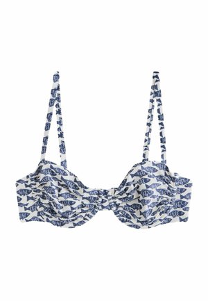 Blue and white bikini top with repeated fish pattern, adjustable shoulder straps, and lightly ruched cups.