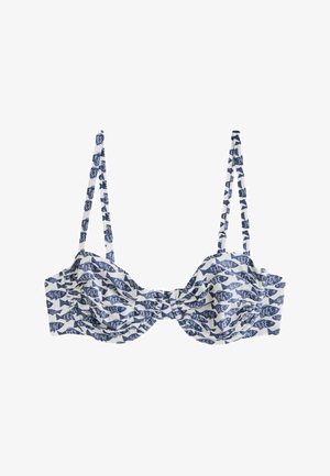 Blue and white bikini top with repeated fish pattern, adjustable shoulder straps, and lightly ruched cups.