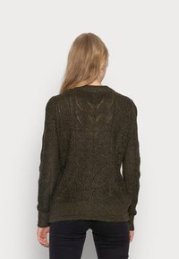 Pull en maille vert olive foncé, avec des motifs texturés, un col rond, et des poignets et un ourlet côtelés. Détails visibles au dos.