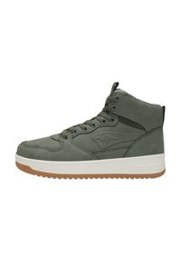 High-Top-Sneaker aus olivgrünem Leder mit Gummi-Sohle, Schnürverschluss und einem strukturierten Design mit einem Logo-Akzent an der Seite.