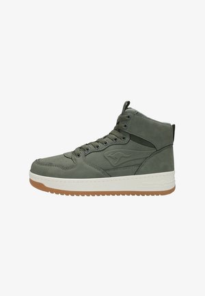 High-top sneakers in olive green leather, featuring a rubber sole, lace closure, and a textured design with a logo accent on the side.