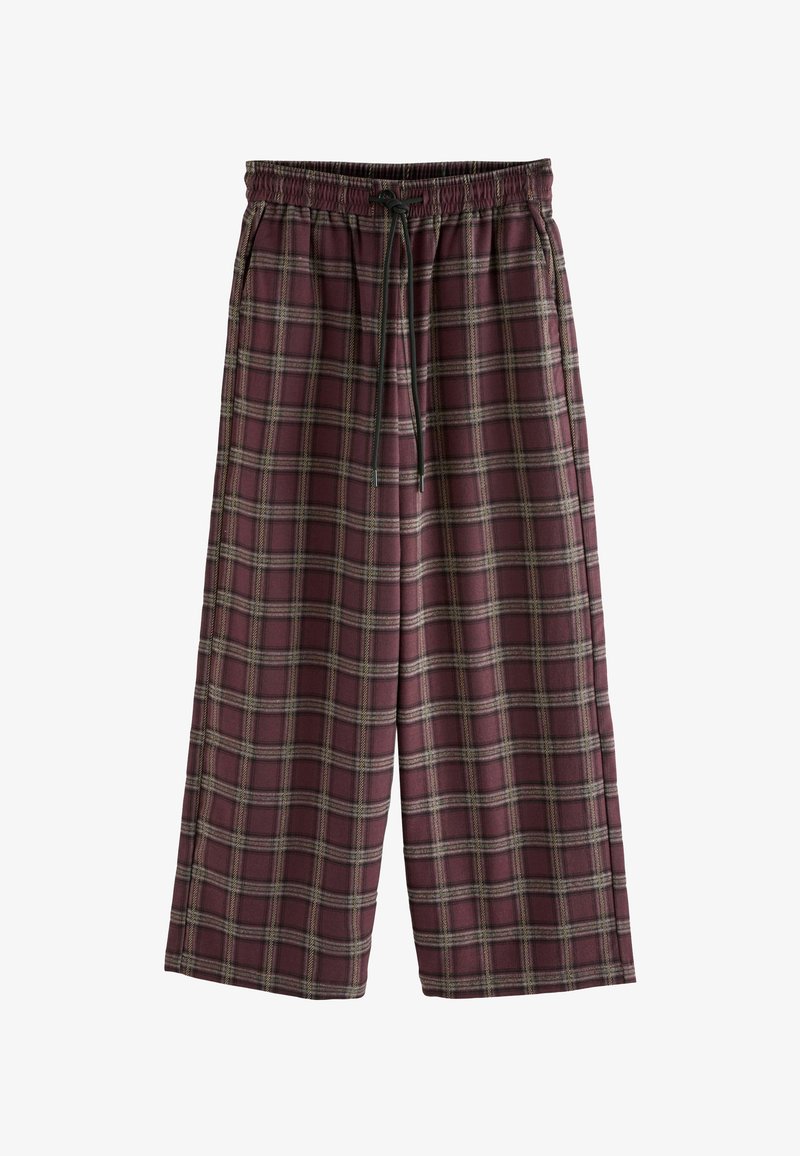 Karierte Lounge-Hose in Burgunderrot und Grün, aus weichem Stoff, mit einem elastischen Bund und einem Kordelzug für eine verstellbare Passform.