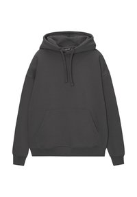 Sweat à capuche gris foncé avec poche kangourou avant et capuche à cordon, présenté sur fond blanc.