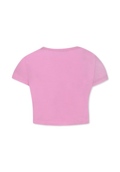 T-shirt corta a maniche corte in cotone rosa chiaro uniforme. Caratterizzata da scollatura rotonda e texture liscia, senza motivi o accenti particolari.