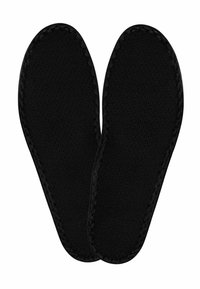 Black insoles with a smooth texture, featuring a rounded shape and stitched edges, designed for comfort and support inside footwear.
