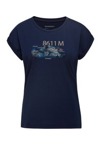 Granatowa koszulka z bawełny z krótkimi podwiniętymi rękawami, z grafiką przedstawiającą góry oraz napisem "8611 M" z przodu.