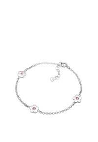 Bracelet en argent avec trois accents en forme de fleur ornés de pierres roses, reliés par une délicate chaîne et un fermoir simple pour la fermeture.