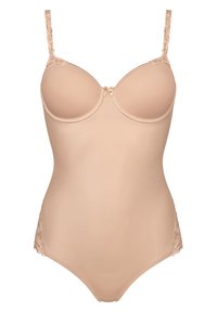 Body color beige con dettagli in pizzo, coppe con stecche, spalline regolabili e una finitura liscia. Texture morbida con una forma aderente e chiusura a gancio.