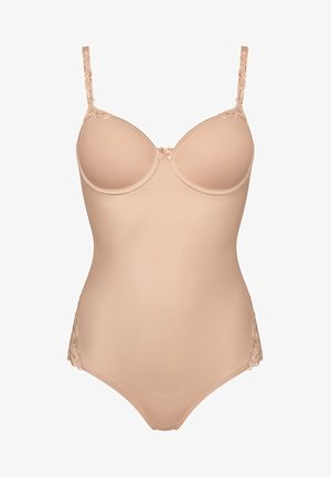 Beige Bodysuit mit Spitzenverzierungen, Unterbrustschalen, verstellbaren Trägern und einem glatten Finish. Weiche Textur mit figurbetontem Schnitt und Hakenverschluss.