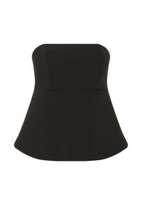 Must mustriba peplum top, mille rinna ja laieneva taljega, sile kangas, minimalistik disain.