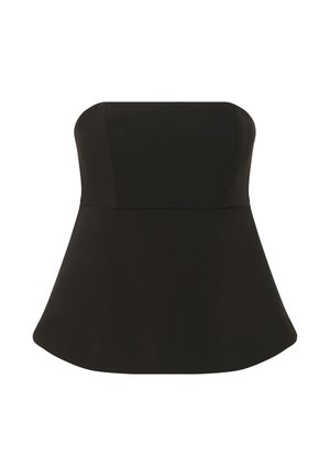 Must mustriba peplum top, mille rinna ja laieneva taljega, sile kangas, minimalistik disain.