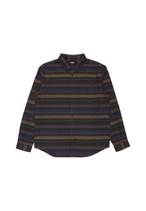 Camisa de botão de mangas longas com riscas escuras em roxo, castanho e verde. Feita de tecido suave, com colarinho clássico e bolso no peito.