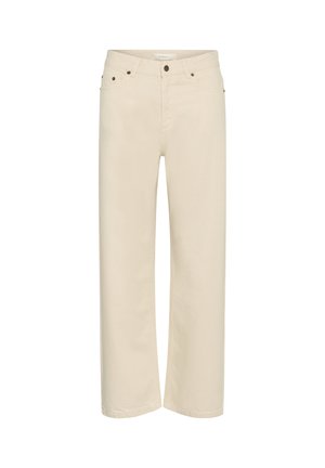 Pantalon beige à jambes droites avec fermeture à boutons et zip à l'avant, passants pour ceinture et design à cinq poches.
