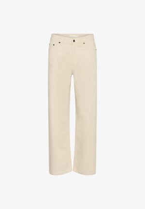 Béžové nohavice s rovnými nohavicami, predným zapínaním na gombík a zips, pútkami na opasok a päťkapsovým dizajnom.