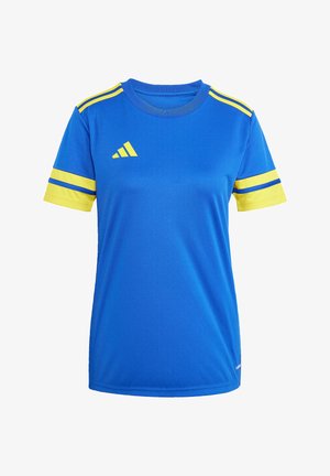 Maillot de sport bleu à manches courtes avec des rayures jaunes sur les épaules et les manches, et un logo jaune sur la poitrine.