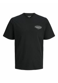 Camiseta de algodón negra con mangas cortas, cuello redondo y texto de logo blanco en el lado izquierdo del pecho. Diseño simple de un solo color.
