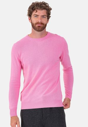 Pull rose clair à col rond en tissu doux. Comprend des manches longues, des poignets et un ourlet côtelés. Texture lisse avec une coupe ajustée.