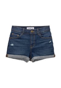 Tmavě modré džínové šortky s třepeným lemem, pětikapsovým střihem, zapínáním na zlatý knoflík a jemnými opotřebovanými detaily.