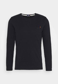 Schwarz-langes T-Shirt mit Rundhalsausschnitt, aus weichem Baumwollmaterial und kleinem gesticktem Logo auf der Brust.