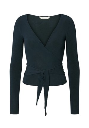 Donkerblauwe lange mouw wikkelshirt gemaakt van zachte stof, met een v-halslijn en een strikdetail in de taille, aansluitend ontwerp en een gladde textuur.