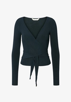 Top avvolgente a maniche lunghe di un blu navy scuro, realizzato in un tessuto morbido, con scollatura a V e un dettaglio in vita annodato, design aderente e texture liscia.
