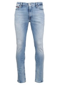 Ljust blå denimjeans med slim fit, med en klassisk femfickorsdesign, knäppning och subtil blekning på benen.