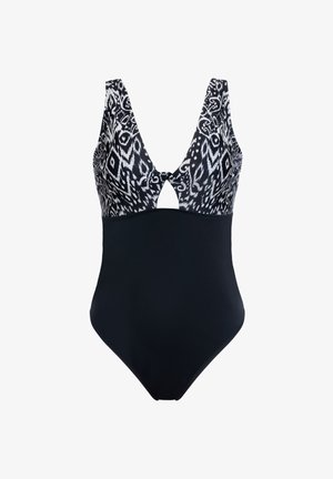 Costume intero nero con parte superiore a fantasia bianca e nera. Presenta un profondo scollo a V, un'apertura a chiave e una parte inferiore nera liscia e uniforme.