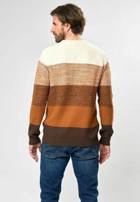 Knit sweater in beige, cream, brown, and orange stripes, featuring a round neck and ribbed cuffs. Worn with blue jeans.