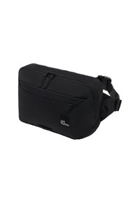 Schwarze Stoff-Crossbody-Tasche mit zwei Reißverschlussfächern, verstellbarem Strap und Logo-Detail. Glatte Textur und rechteckige Form.