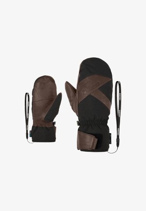 Brown leather and black fabric mittens with elastic cuffs, featuring a diagonal design, strap for securing, and textured accents.