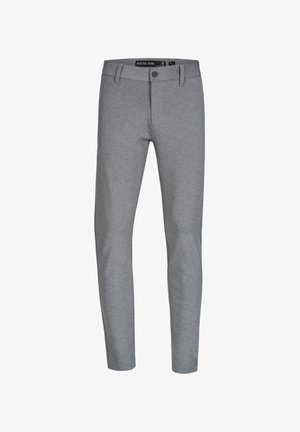 Pantalones gris ajustados hechos de material suave, con cierre de un solo botón, trabillas para el cinturón y una textura lisa. Sin patrones ni acentos visibles.