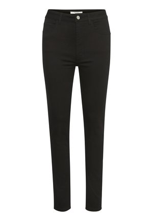 Crne traperice slim kroja. Imaju pet džepova, prednje kopčanje na gumbe i glatku teksturu.