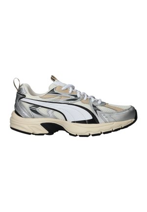 White, beige, and silver athletic sneaker with black accents, white laces, and a thick beige sole on a white background.