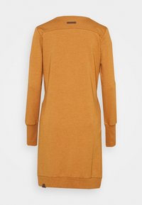Long-sleeve dress in orange, made of soft fabric. Features a rounded neckline, ribbed cuffs, and a small brand tag near the bottom hem.