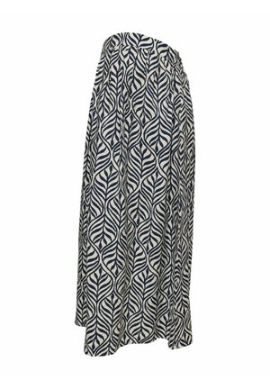Long skirt with black and white abstract leaf pattern and elastic waistband, displayed on a white background.