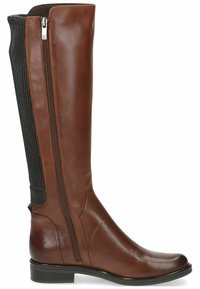 Bota de cuero marrón hasta la rodilla con un acabado suave, que presenta una cremallera lateral y un panel de tejido texturizado en la parte posterior para mayor elasticidad y confort.