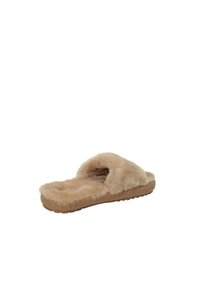Pantofole in pelliccia beige con design open toe, texture soffice e suola spessa. Presentano una suola in gomma per aderenza e comfort.