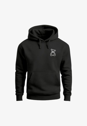 Black hoodie with a kangaroo pocket, featuring a white outline of a bear on the left chest area. Made from a soft, cozy fabric.