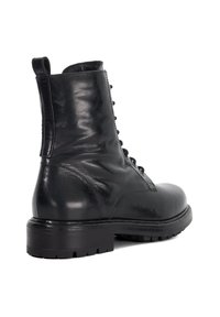 Black leather ankle boot with a glossy texture, lace-up front, and a pull tab. Features a rugged sole for traction and durability.